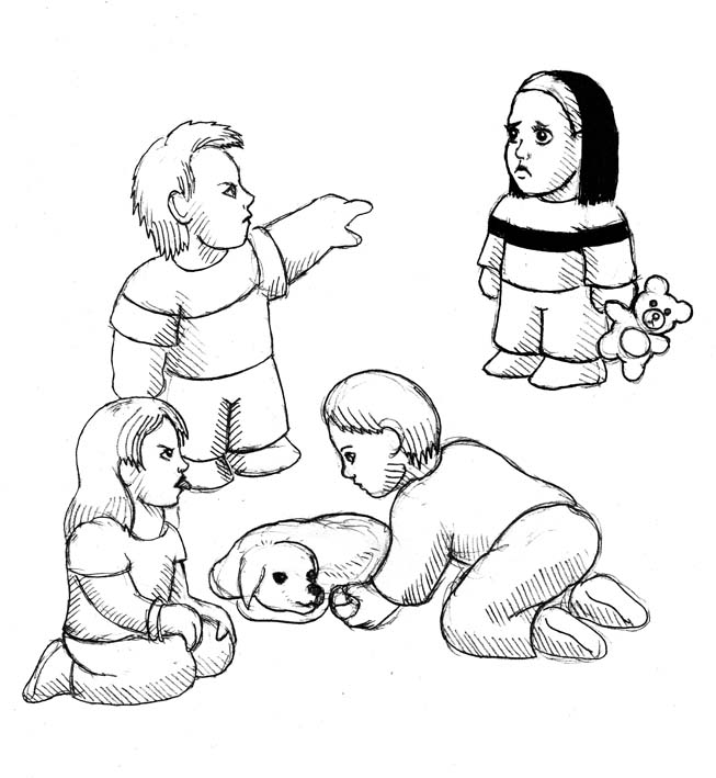 Eine Gruppe Kinder spielt und hätschelt einen Hund. Ein Kind wird ausgeschlossen.