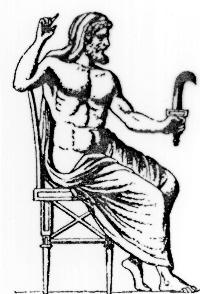 Kronos Schwarz-weiß-Zeichnung eines Mannes auf einem Thron, der mit der linken Hand ein Sichelschwert hält