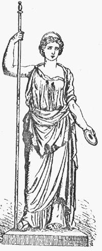 Hera schwarz-weiß-Zeichnung einer Frau mit einem langen Stab in der rechten und einer diskus-ähnlichen Scheibe in der linken Hand